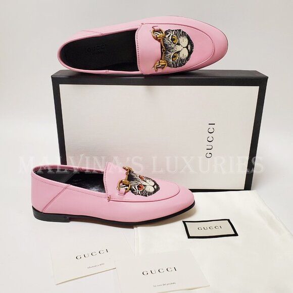 GUCCI SHOES BRIXTON PINK LEATHER LOAFER MYSTIC CAT w HORSEBIT sz 36 6 US - Picture 2 of 15
